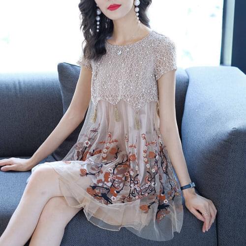 Summer Vintage Lace Mesh Embroidered A-Line Dress Women O Neck Short Sleeve Tassel Beading Patchwork Party Female Mini Dresses
