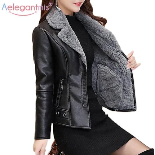 Aelegantmis Autumn Winter Warm Faux Fur Coat Women Leather Jacket Ladies Slim Moto Biker Basic Jackets Plush Casual Outerwear