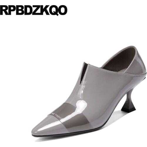 Genuine Leather Women Pumps Stiletto Gray Thin Pointed Toe Slip On 2021 Fashion Shoes Brand Size 33 High Quality Heels Patent