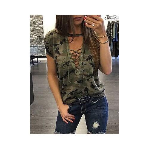New WomenS Ladies Summer Short Sleeve Loose Casual Camouflagetops T-Shirt V-Neck Hollow Out New Hot