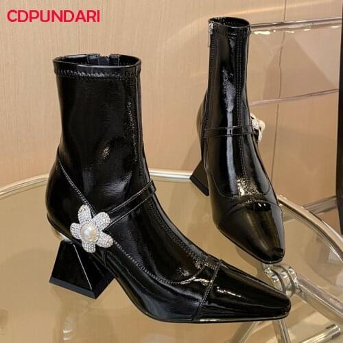 Rhinestone Flowers White Black White Patchwork Genuine Leather High Heels Ankle Boots Women Autumn Winter Short Boots Shoes
