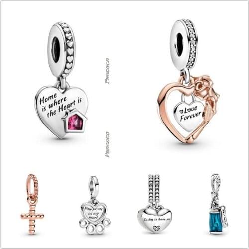 Authentic 925 Sterling Silver Hearts Paw Print Dangle Charm Beads Fit Women Pandora Bracelet & Necklace Jewelry