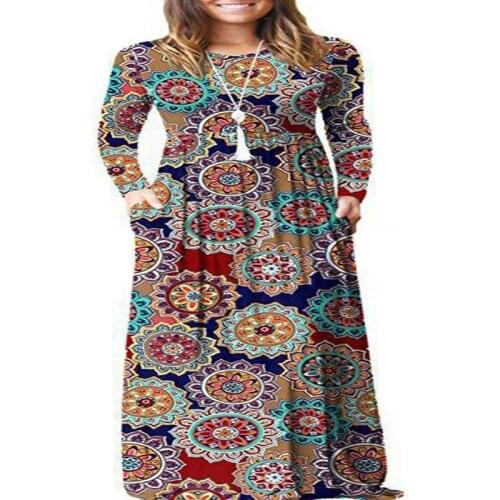 Elements Printed Maxi women Spring New O Neck Pocket Plus Size Long Dress Flower Boho Vintage summer Dress Vestidos