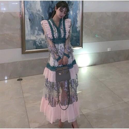 JSXDHK New Runway Desinger Women Party Long Dress Elegant Spring Floral Embroidery Mesh Patchwork Lace V Neck Ruffles Maxi Dress