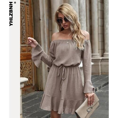YHLZBNH Vintage 2020 Women Off Shoulder Autumn Dress Long Sleeve Slash Neck Mini Dresses Party Solid A Line Dress