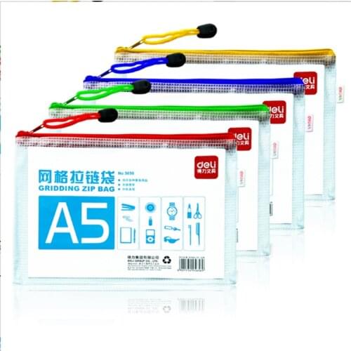 5 Pcs Deli A5 PVC Waterproof Zipper Bag(5-Pack 4color random) office school paper file organiser case storage