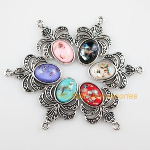 6 New Oval Flower Resin Pendants Shivering Mixed Charms Tibetan Silver 22x32mm