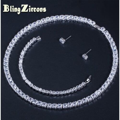 BeaQueen 3 Pcs Square Cubic Zirconia Setting Classic Wedding Bridal Earrings Bracelet and Necklace Women Jewelry Sets JS151