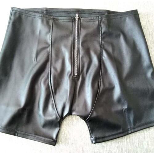 Sexy Front Zip Back Hole Underwear Men Black Patent Leather Boxers Shorts Man Capsule Underpants Calzoncillos Hombre Boxer Marca