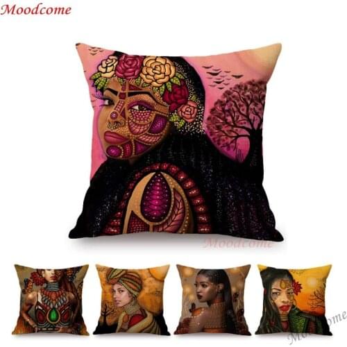 Fashion African Queen Girl Princess Throw Pillow Case Modern Africa Woman Abstract Painting Art Linen Sofa Cushion Cover Case
