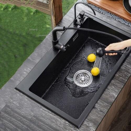 Black Quartz Stone Kitchen Sink Household Improvement Hotel Single Bowl Dishwashing Above Counter Basin Set with Pull-out Faucet