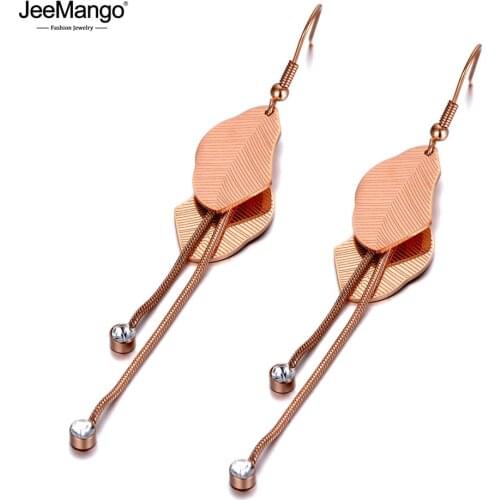 JeeMango Bohemia Stainless Steel Crystal Double Leaves Tassel Earrings Jewelry Trendy Ear Line Dangle Earrings For Women JE20014