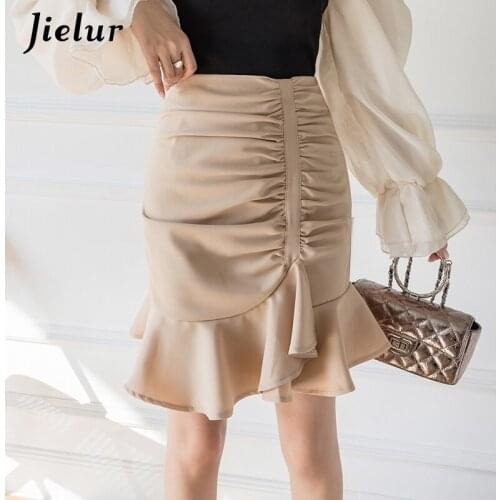 Jielur Spring Womens Skirts S-XL High Waist Ladies Elegant Trumpet Pleated Skirt For Woman Sexy A-line Black Khaki Skirts New