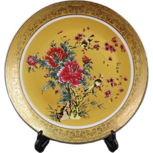 Chinese Old Porcelain Pink Flower And Bird Pattern Gold Edge Plate