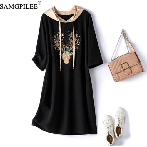 Summer Dresses For Women 2021 New Embroidered Animal Figure Hooded Short Sleeve Stretch Knee Length Spring Woman Clothing 4XL