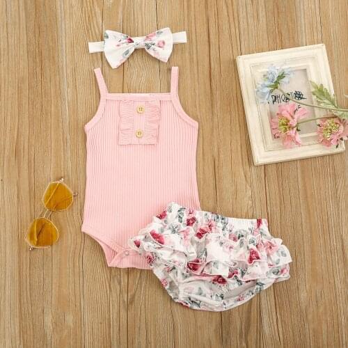 Summer 3 Pcs Newborn Outfits Baby Girls Sleeveless Ribbed Square Collar Bodysuit + Flower Print Ruffle Shorts + Bowknot Headband