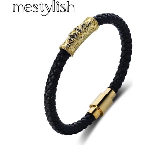 Mestylish Nappa Leather Men Bracelet Micro Pave CZ Fleur De Lis Anchor Bracelets Stainless Steel Magnet Buckle Bracelet Bangle