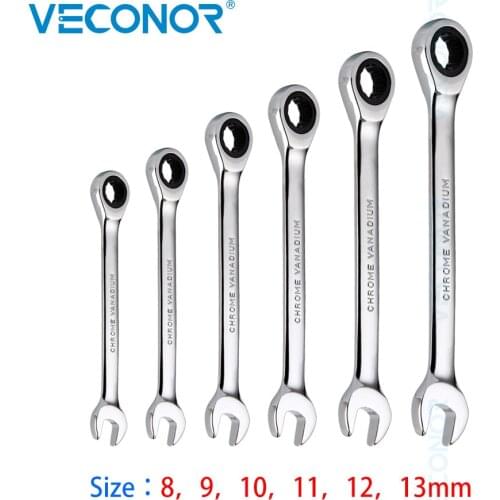 8-13mm Ratchet Head Wrench Keys Set Ratcheting Spanner 6Pcs Mirror Polish Fixed Head 72T Ratchet Tool Wrench For Auto Repairing