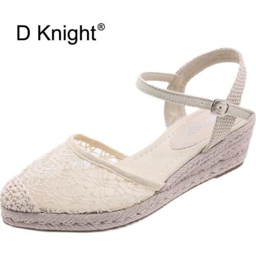 Summer New Straw Mesh Breathable Fisherman Shoes Woman High Heel Fashion Pointed Toe Lace Sandals Female Espadrille Wedges Shoes