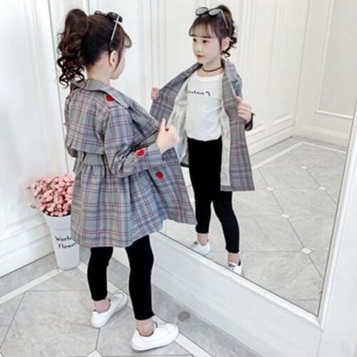 New Plaid Drawstring Waist Jacket for Girls Chinese Blazer Winter Jackets for Teenager Korean Trench Coat Plaid Clothes