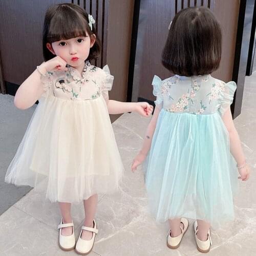 New Chinese Style Girls Dresses Floral Sleeveless Baby Kids Clothes 0-7 Years Old Childrens Clothing Summer Kids Princess Dress