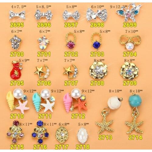 100Pcs Nail Charms Gold Plated Pearl Alloy 4*11mm Bows Pearl Starfish Conch sea Paved Rhinestone Nail Art Decorations #2695-271