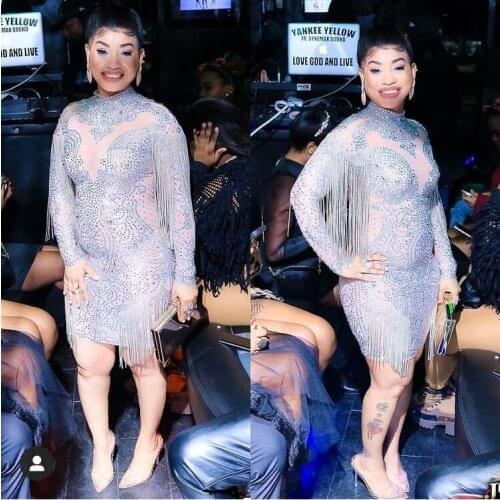 Sparkly Crystals Chains Mesh Perspective Dress Evening Party Dresses Evening Celebrate Dress Singer Performance YOUDU