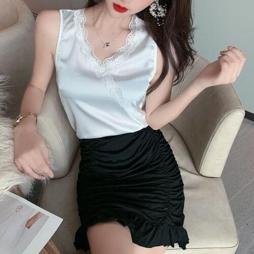 V-Neck Basic White Top Plus Size Woman Sleeveless Silk Tank Top OL Silk Tops for Women Satin Mesh Tank Tops for Women Sexy Woman