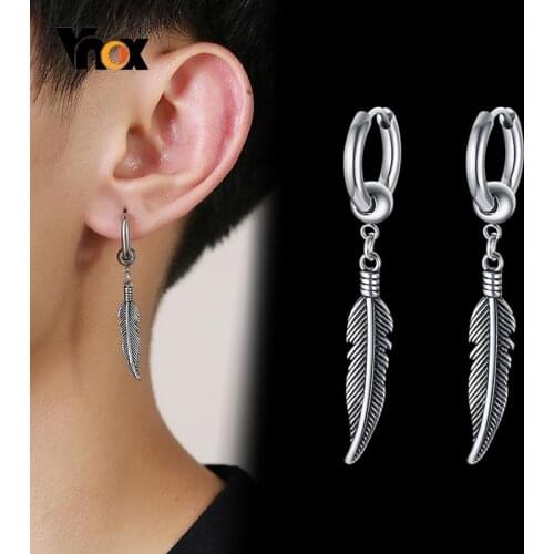 Vnox 1 Piece/Pair Feather Leaf Dangle Earrings for Women Men Jewelry,Stainless Steel Link Chain Drop Punk Ear Clip Accessory