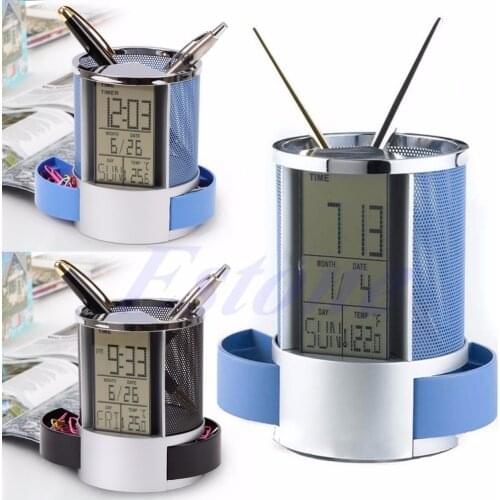 Mesh Pen Pencil Holder with Digital LCD Office Desk ALarm Clock with Time Temp Calendar function