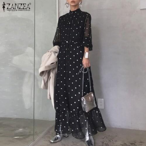 Stylish Polka Dot Shirt Dress ZANZEA 2021 Womens Spring Sundress Puff Sleeve Chiffion Vestidos Female Printed Robe Oversized 7