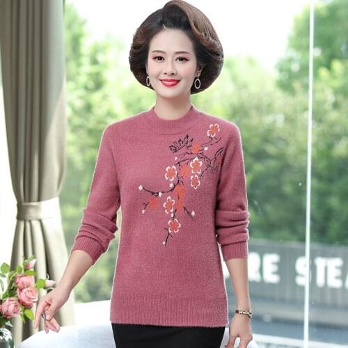 Imitation Mink Half Turtleneck Long Sleeve Sweater Pullover Women Autumn Winter Loose Knit Casual Mother Clothes Flower Jumper