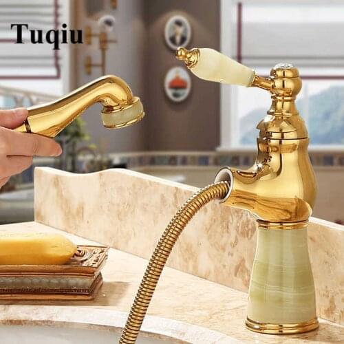 Pull Out Bathroom Faucet Bathroom Basin Faucet with Shower Head Water Mixer Sink Tap Single Handle Brass and Jade Gold Tap