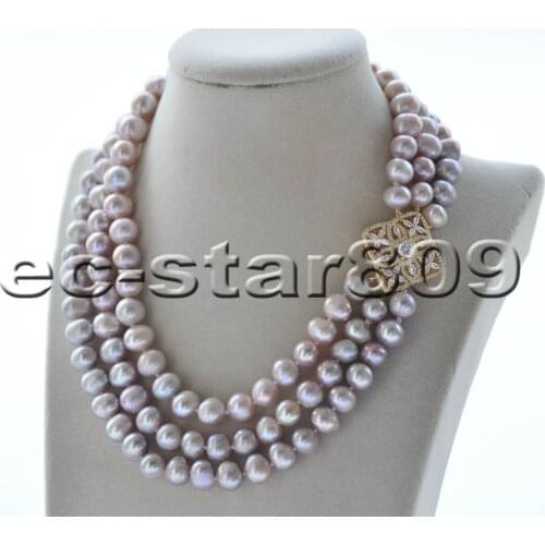 Z10132 Shine 3Row 18" 11mm Lavender Round Freshwater Pearl Necklace CZ