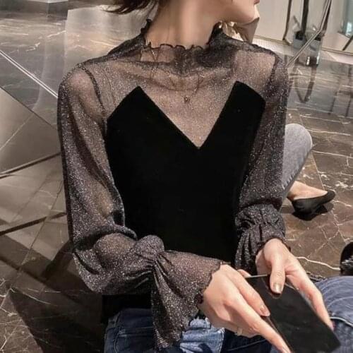 Woman Tshirts Top Womens Autumn and Winter Lace Bright Silk Stitching Mesh Tops Mujer Camisetas