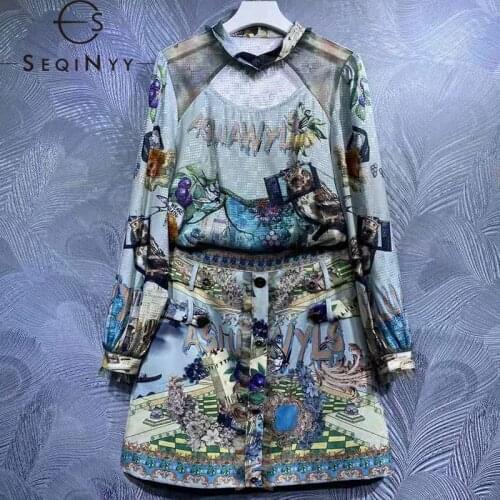 SEQINYY Blue Set Summer Spring New Fashion Design Women Runway Shirt + Mini Skirt Slim Vintage Flowers Letter Print Dobby