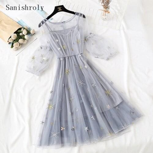 Sanishroly Two Pieces Set Women Embroidery Sequined Lace Dress Spring Puff Sleeve Mesh Dress Female Long Princess Vestidos C0144
