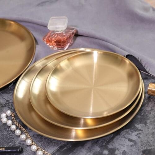 Golden Round Storage Plate Jewelry Cosmetics Metal Pallet European Desktop Decoration trays decorative