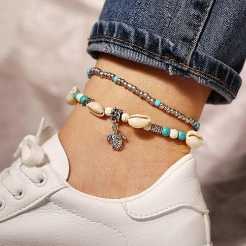 2PCS/set Bohemmian Beades Shell Sea Turtle Pendant Anklet for Women Statement Jewelry Accessories Beach Chain Ankle Bracelets