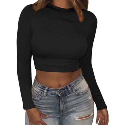 2020 Sexy Womens T-Shirt O-Neck Long Sleeve Slim Casual TShirt Solid Tops Skinny Clubwear Top Short 4 Colors