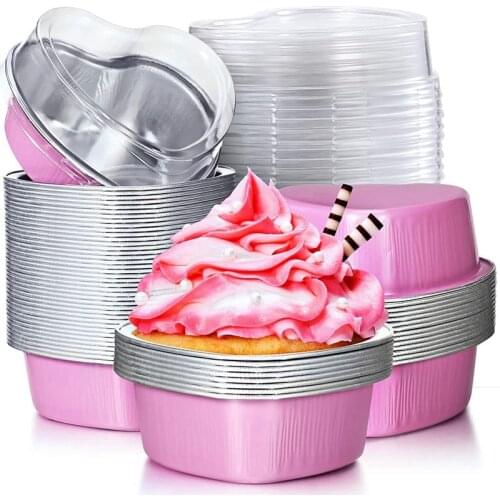 Valentine Aluminum Foil Cake Pan Heart Shaped Cupcake Cup with Lids,Mini Cupcake Cup Flan Baking Cups with Lid