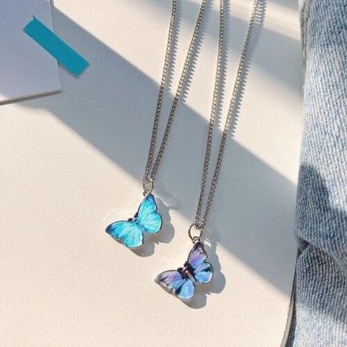 Korean Sweet Blue Gradient Butterfly Necklace for Women Girls Cute Metal Insect Pendant Choker Necklaces Party Jewelry Gift
