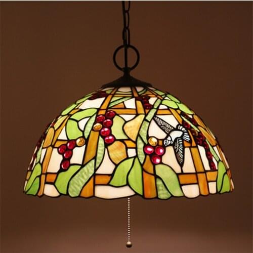FUMAT grape cherry orchid hummingbird tiffany pendant lamp multi color stained glass hanging light fixture handicraft decor 16"