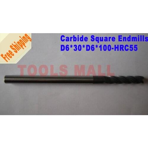 Free Shipping-5pcs D6mm Tungsten Square Carbide End Mill long series 4 Flutes HRC55 Milling cutters CNC Spiral Router bits