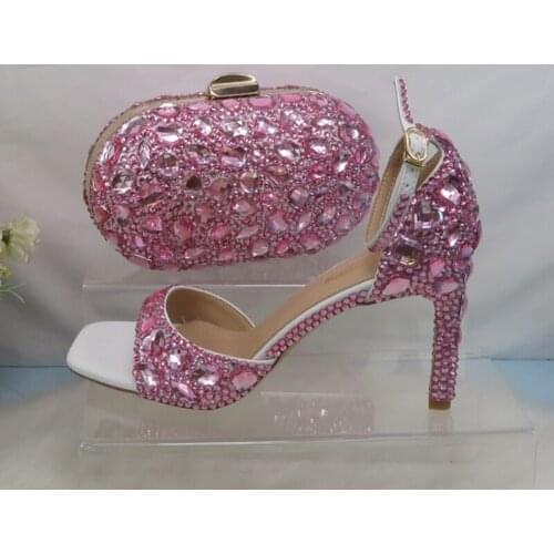 BaoYaFang Summer Pink Crystal Party Sandals Purse Bridal Wedding shoes and bag woman Fashion Pointed toe Thin Heel Sandals