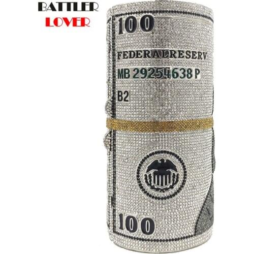 Luxury Cylinder USD Dollar Full Crystal Diamond Money Clutch Bag for Women Evening Party Handbags Mini Wedding Prom Purses