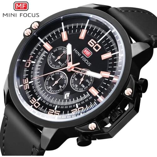 MINIFOCUS Brand Mens Watches luxury Genuine Leather Chronograph Waterproof Quartz Men Wristwatches Relogio Masculino Clock