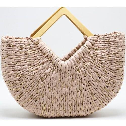 Fashion Square Wooden Top Handle Bags For Women Half Moon Straw Women Handbags Large Capacity Straw Womens Bag Beach Hand Bags