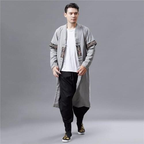 2019 Mens Retro Fashion Long-style China National Garment Classic Design Spring Autumn New Double Collar Long Sleeve T-shirt