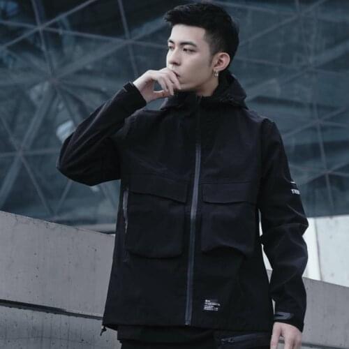 CROXX Tecwear Mens Black Lightweight Water Resistan Hoodie Jakcet Multi Pockets Hip Hop Punk Fashion